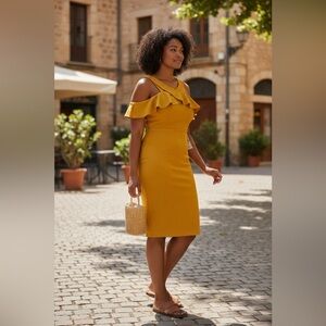 Rachael Ray Mustard Ruffle Midi Dress